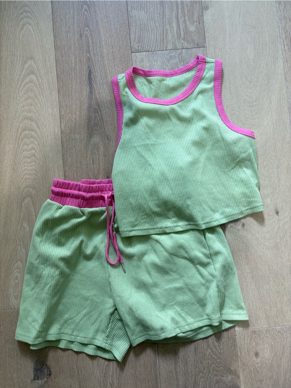 Light Green Ribbed Tank & Shorts Set with Pink Trim